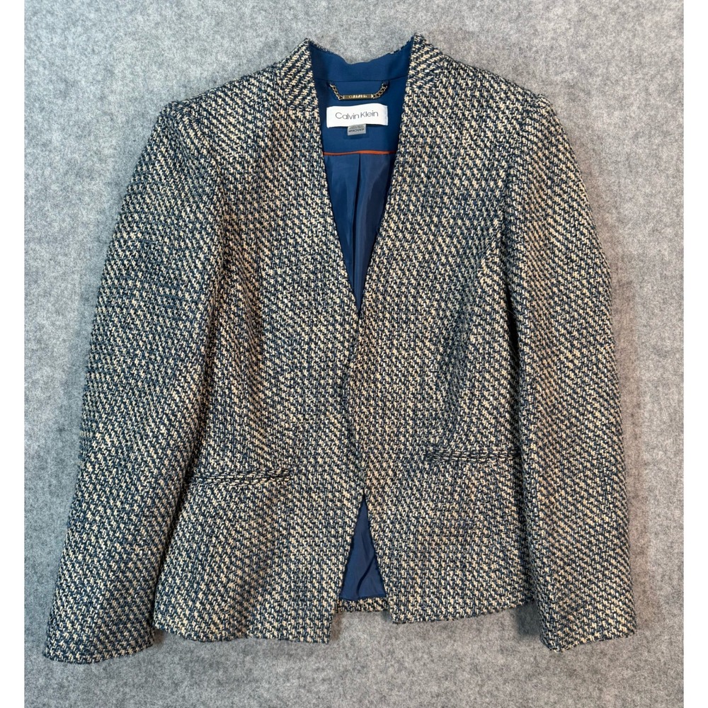 Calvin Klein Womens Blue Tan Tweed Open Front Blazer Jacket 4P Petite